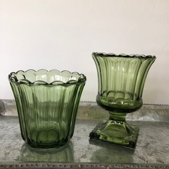 Vintage Other - Set of 2 Vintage Green Glass Fluted Urns